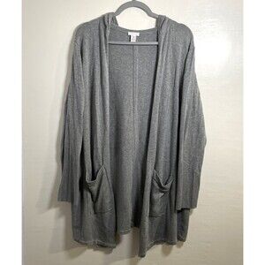 Chicos Women's Gray Cotton Blend Open Front Cardigan Hoodie Sweater Pockets Sz 3